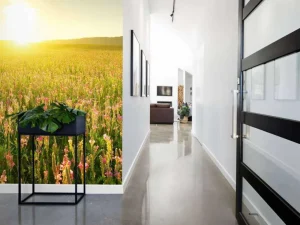Fashion Zonsopkomst bij een bloemenveld fotobehang Bloemen