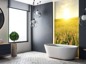 Fashion Zonsopkomst bij een bloemenveld fotobehang Bloemen