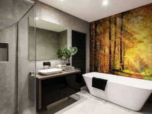 Sale Zonsopkomst in het bos fotobehang Bloemen