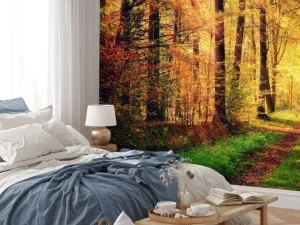 Sale Zonsopkomst in het bos fotobehang Bloemen