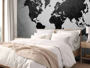 Discount Zwarte wereldkaart op een betonnen muur fotobehang Gang
