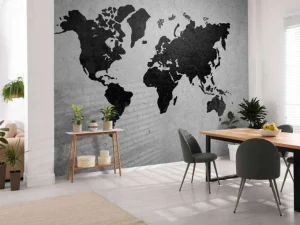 Discount Zwarte wereldkaart op een betonnen muur fotobehang Gang