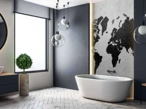 Discount Zwarte wereldkaart op een betonnen muur fotobehang Gang
