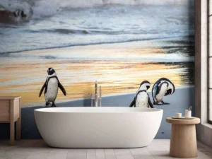 Sale Zwartvoetpinguïns lopen uit de zee fotobehang Dieren